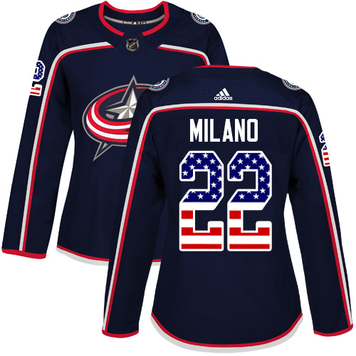 Adidas Blue Jackets #22 Sonny Milano Navy Blue Home Authentic USA Flag Women's Stitched NHL Jersey
